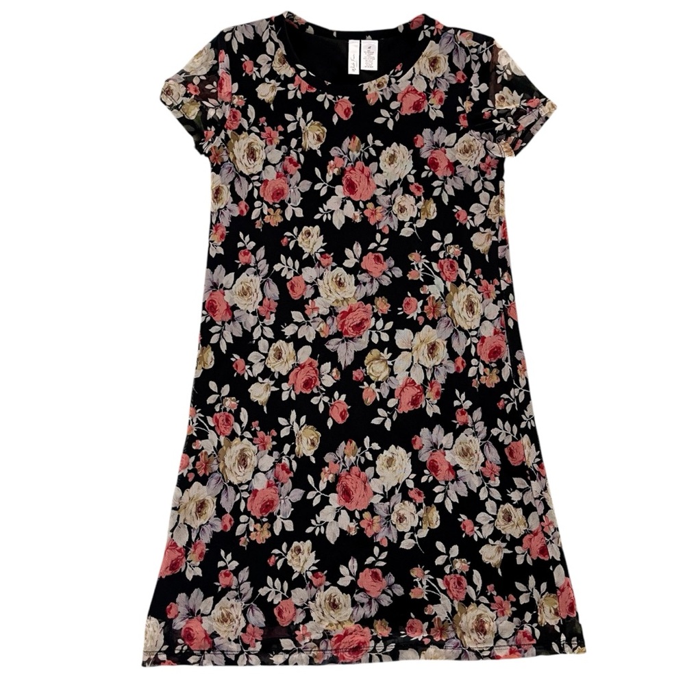 White Fawn Floral by Tillys Mesh Overlay Mini Dress Girls M Black Pink Coquette